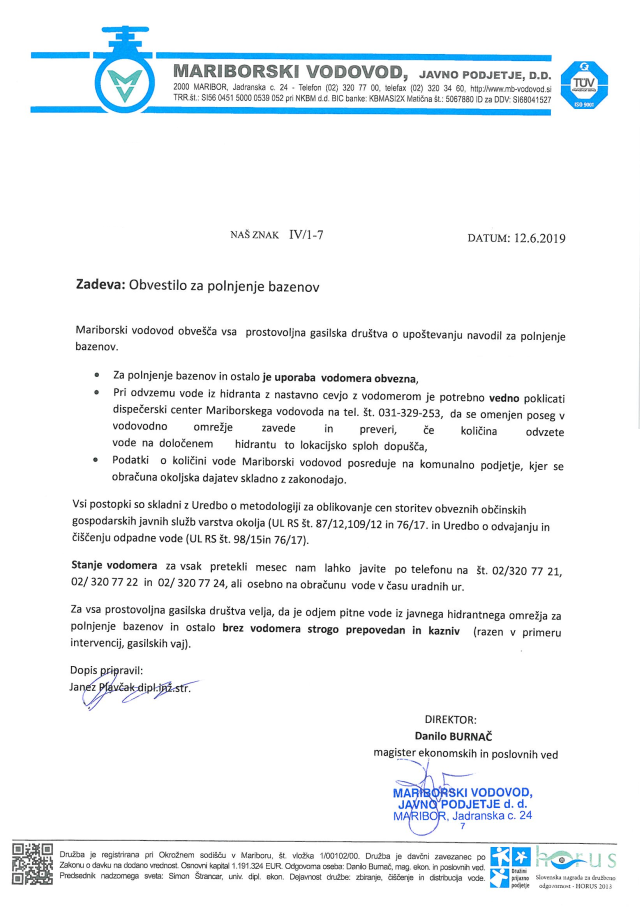 Obvestilo za polnjenje bazenov